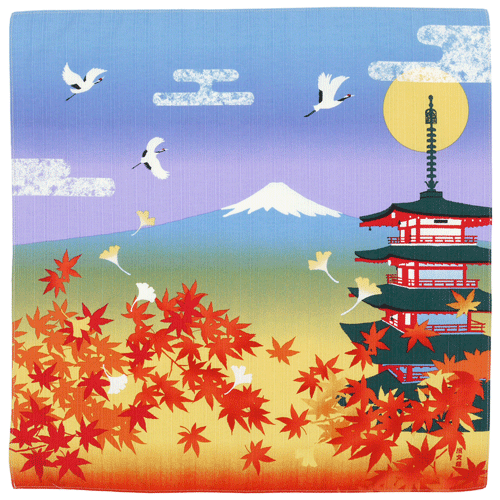 Small Furoshiki -  Autumn Leaves & Pagoda