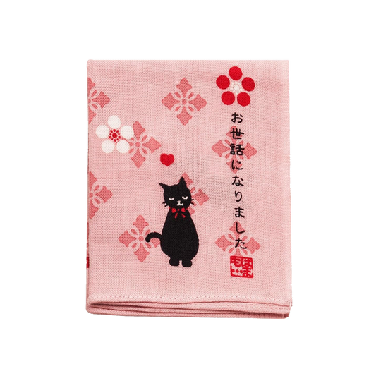 Hamamonyo Hitokoto Tenugui Handkerchief - Thank You Cat (Pink)