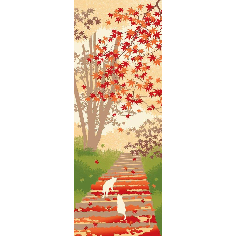 Picture Tenugui - Walking Cats with Autumn Leaves