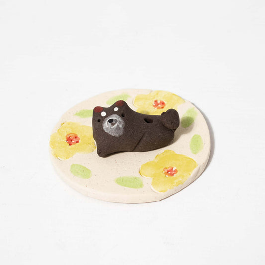 Incense Holder Set - Black Shiba Dog with Flower Plate