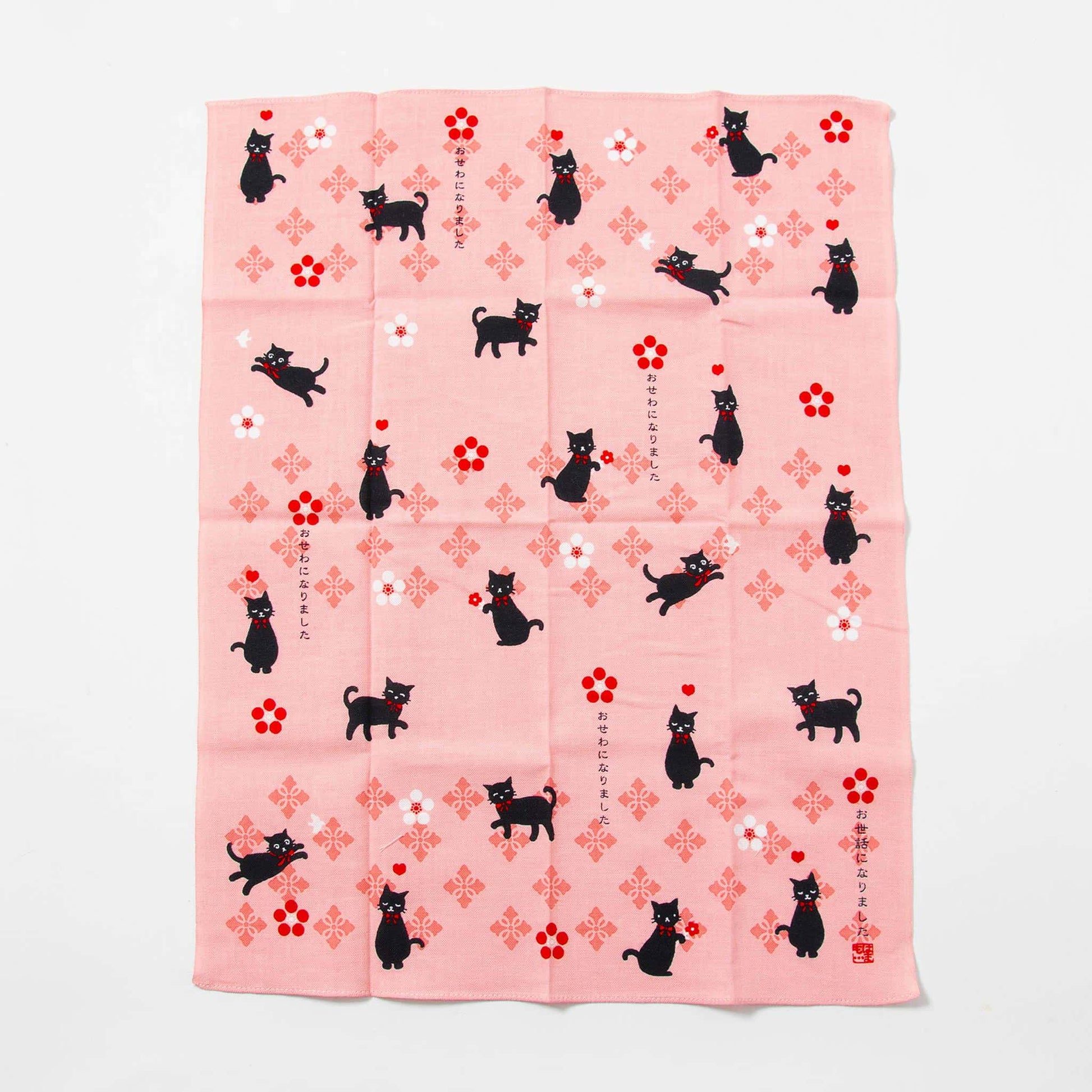 Tenugui Handkerchief - Cat's "Thank You" (Pink)