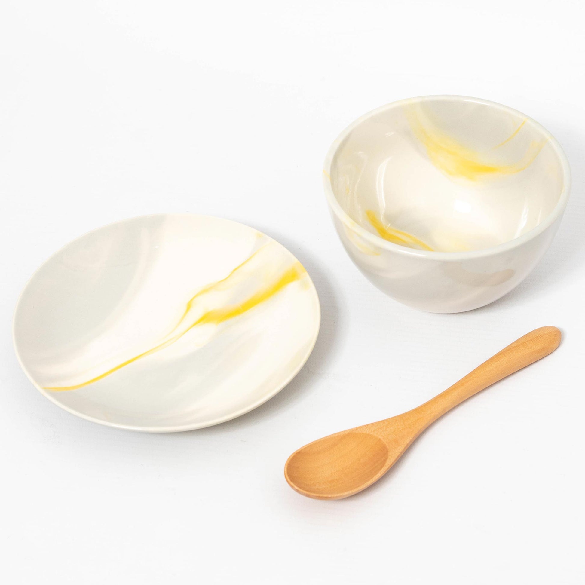 Set of "Ohajiki" Bowl and Plate with Spoon - Lemon Yellow