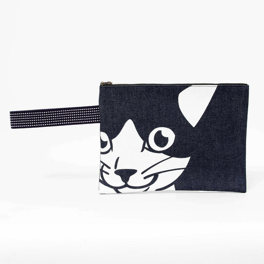 Kurashiki Denim Pouch with Large Print - Cat