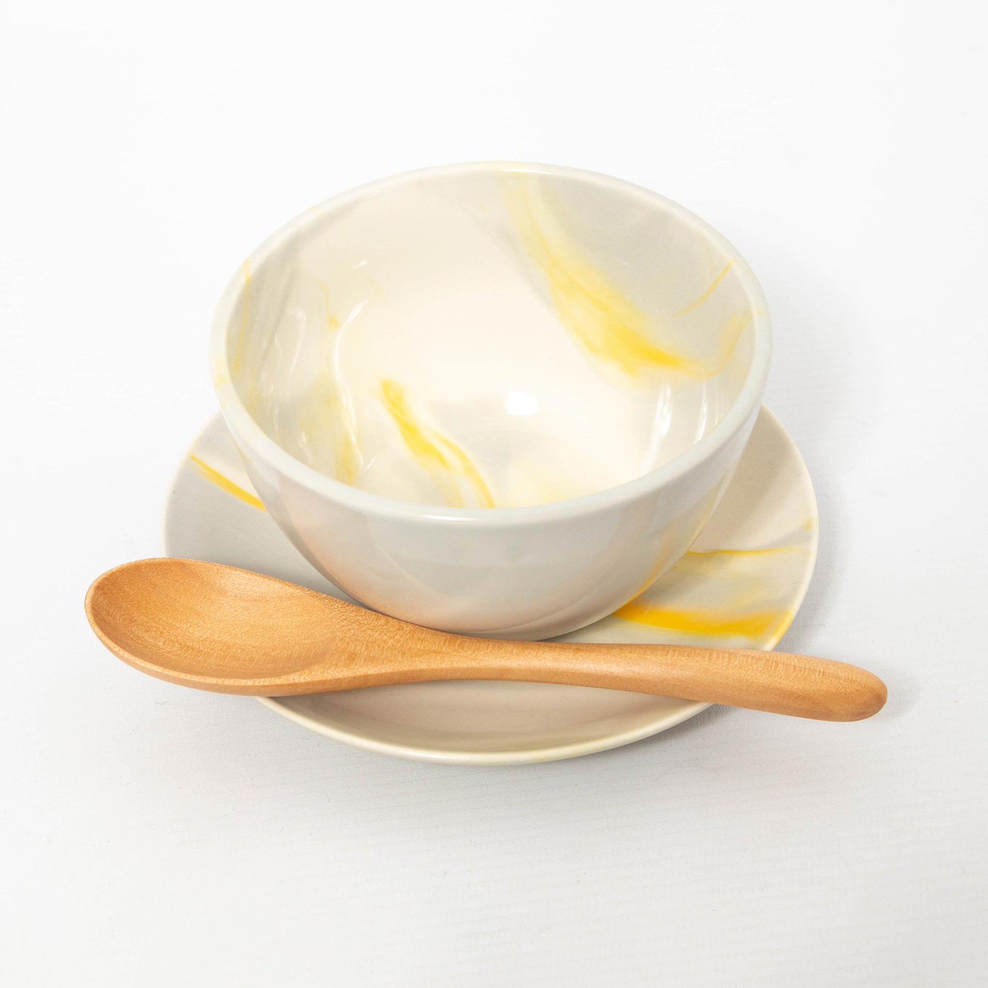 Set of "Ohajiki" Bowl and Plate with Spoon - Lemon Yellow