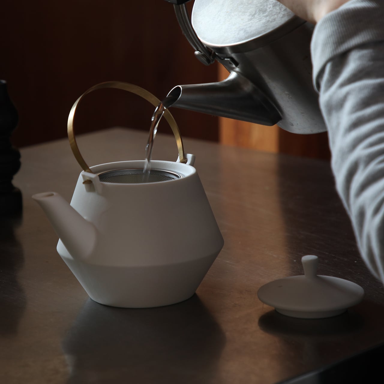 Earthenware Teapot Frustum with Brass Handle