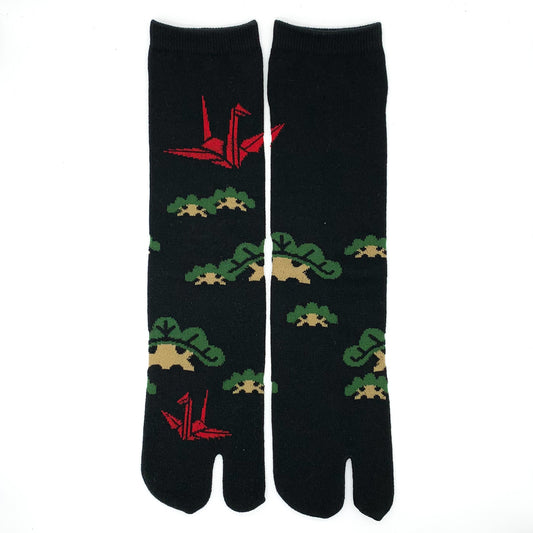 Japanese Tabi Socks - Pine and Cranes Black